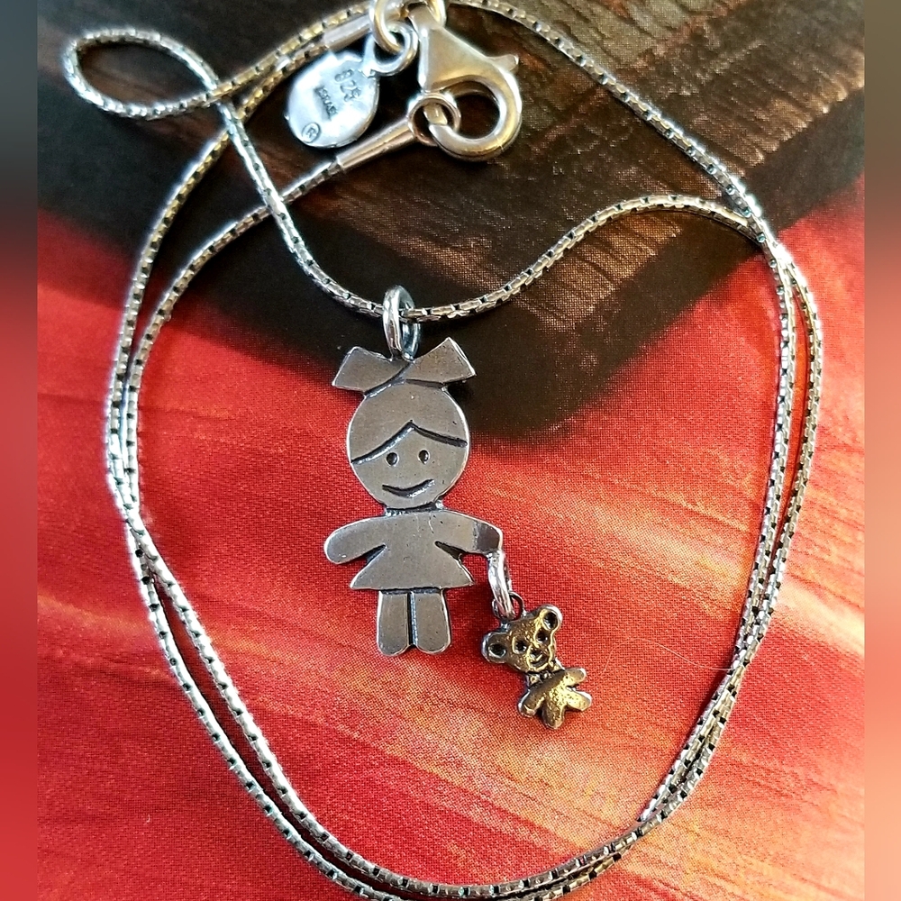 Rare Silpada Sterling Silver Girl & Teddy Bear Necklace